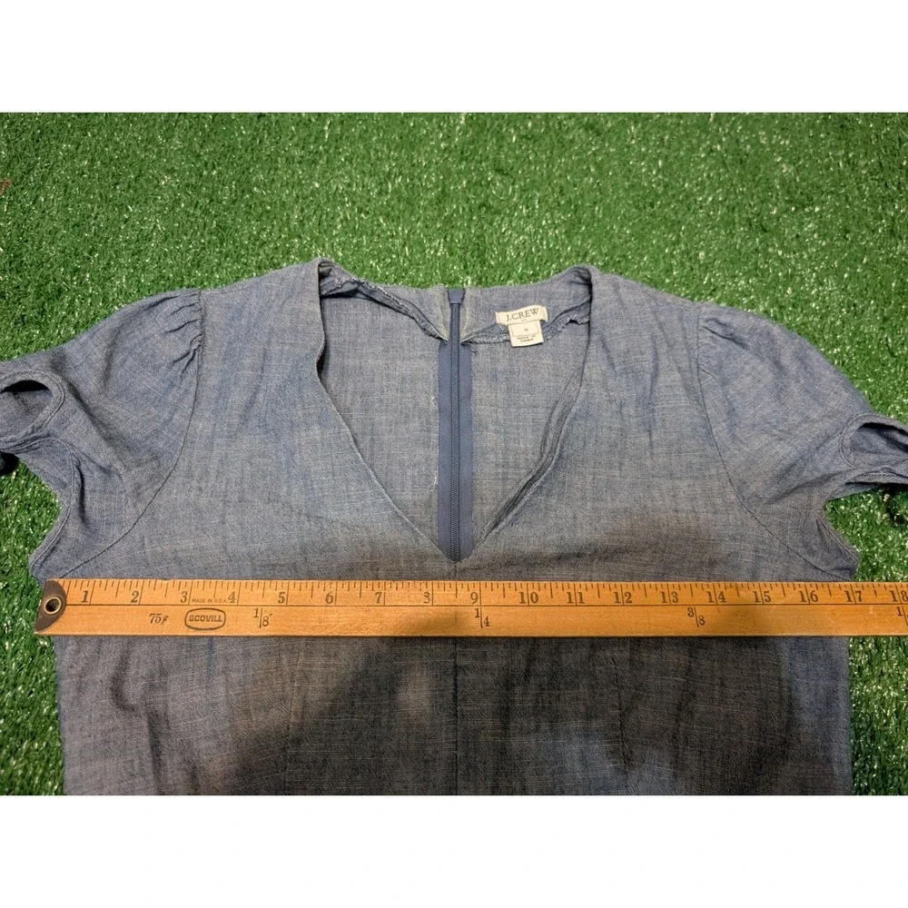 J.Crew Chambray Dress V-Neck‎ Tie Sleeve Ruffle Hem Casual Blue Size 0 (Read)